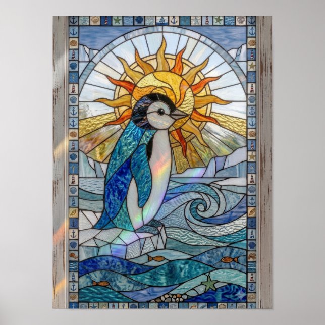 Affiche Coucher de soleil sur pingouin Océan Art de verre  (Devant)