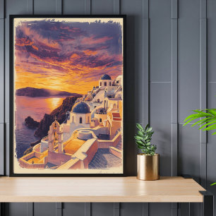 Affiche Coucher de soleil sur Santorin – Grèce Rétro au bo