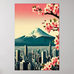Affiche Coucher de soleil sur Tokyo avec fleurs de cerisie