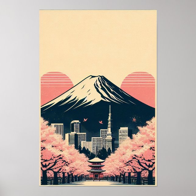 Affiche Coucher de soleil sur Tokyo avec fleurs de cerisie (Devant)