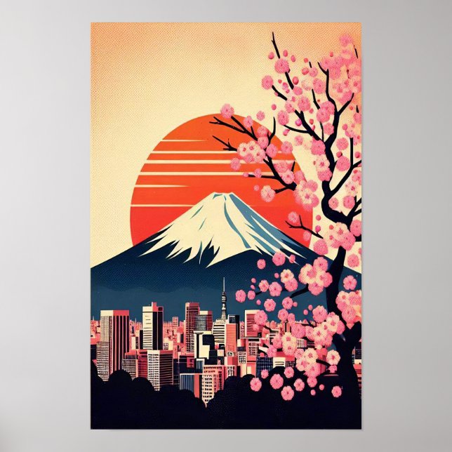 Affiche Coucher de soleil sur Tokyo avec fleurs de cerisie (Devant)