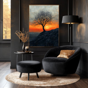 Affiche Coucher de soleil sur un arbre solitaire aux tons 