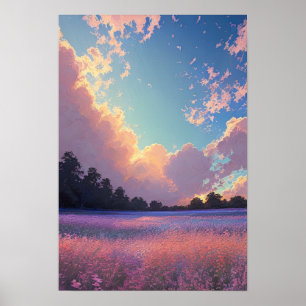 Affiche Coucher de soleil sur un champ de fleurs rose et b