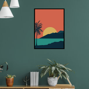 Affiche Coucher de soleil sur un palmier, Île, Art abstrai