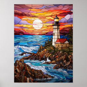 Affiche Coucher de soleil sur un phare côtier en verre col