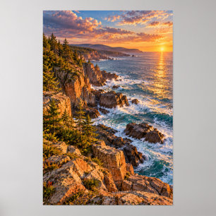 Affiche Coucher de soleil sur une côte rocheuse et vagues 