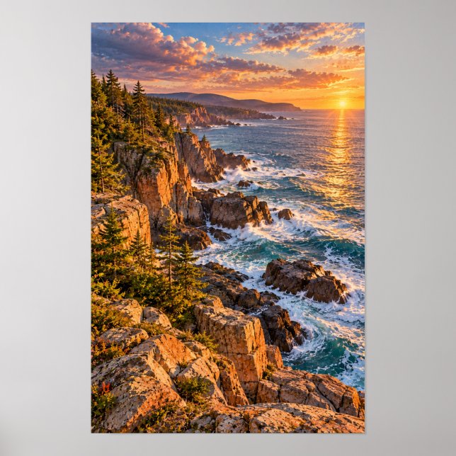 Affiche Coucher de soleil sur une côte rocheuse et vagues  (Devant)