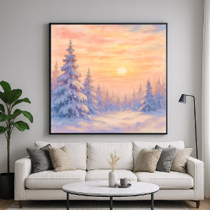 Affiche Coucher de soleil sur une forêt enneigée - Art de