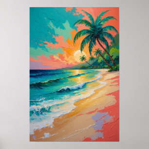 Affiche Coucher de soleil sur une plage tropicale avec pal