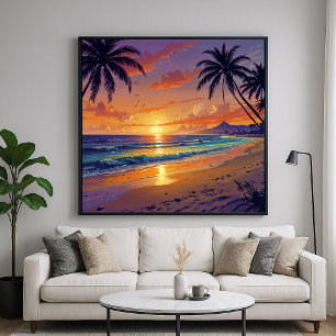 Affiche Coucher de soleil sur une plage tropicale - Illust