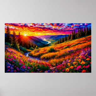 Affiche Coucher de soleil sur une prairie de fleurs sauvag