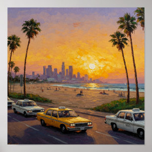 Affiche Coucher de soleil sur une ville côtière avec palmi