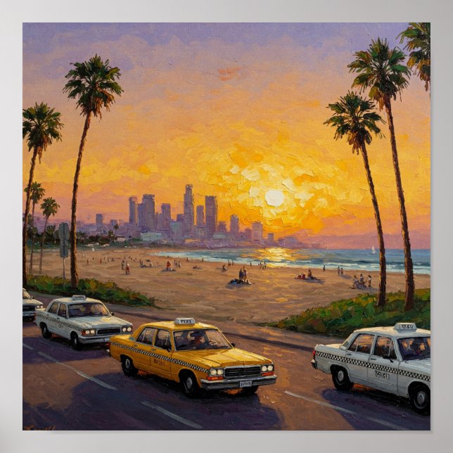 Affiche Coucher de soleil sur une ville côtière avec palmi (Devant)
