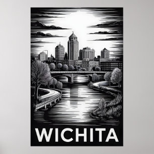 Affiche Coucher de soleil sur Wichita Kansas en noir et bl