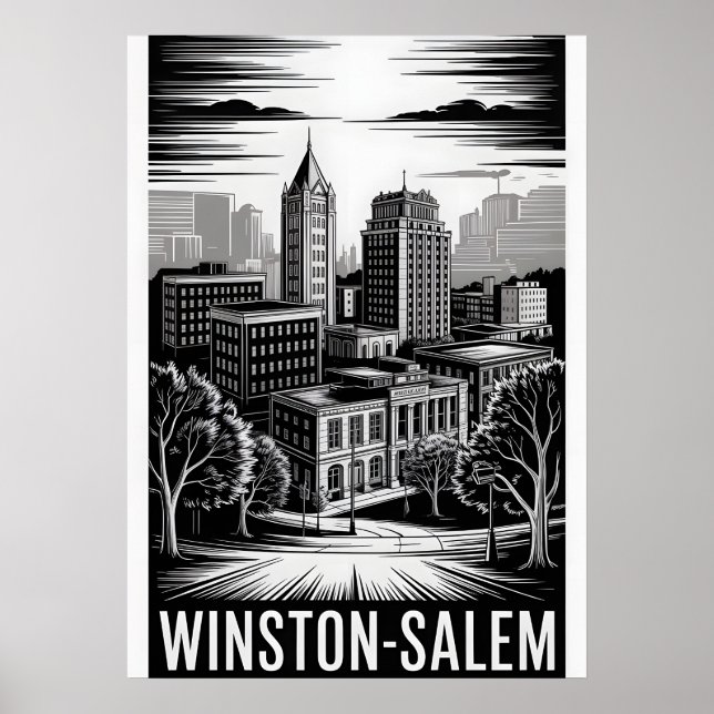 Affiche Coucher de soleil sur Winston-Salem NC noir blanc  (Devant)