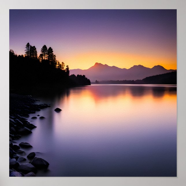 Affiche Coucher de soleil surplombant un lac (Devant)