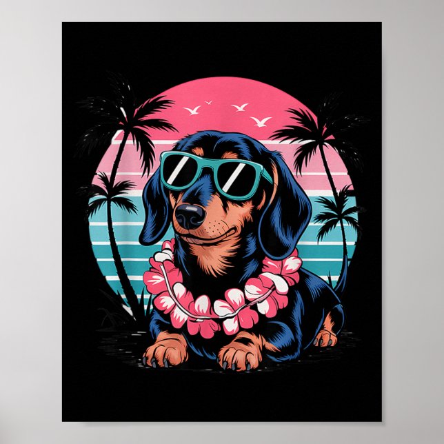 Affiche Coucher de soleil teckel Hawaï style d'été (Devant)