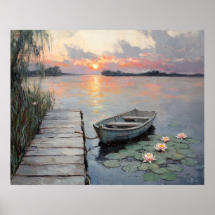 Affiche Coucher de soleil tranquille sur une barque sur un
