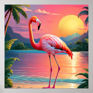Affiche Coucher de soleil tropical aux flamants roses 