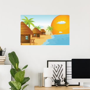 Affiche Coucher de soleil tropical avec des huttes de chau