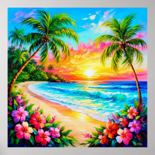 Affiche Coucher de soleil tropical avec palmiers