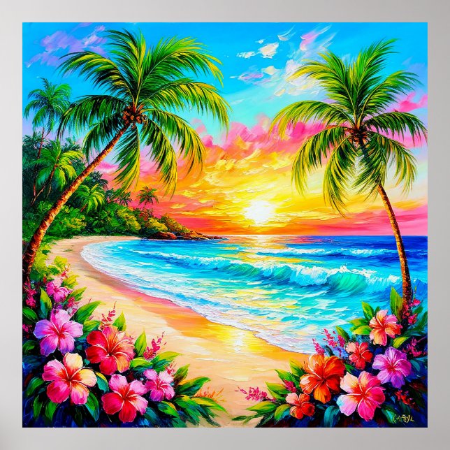 Affiche Coucher de soleil tropical avec palmiers (Devant)