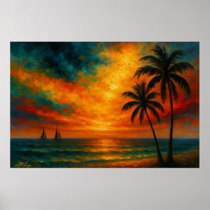 Affiche Coucher de soleil tropical avec voiliers