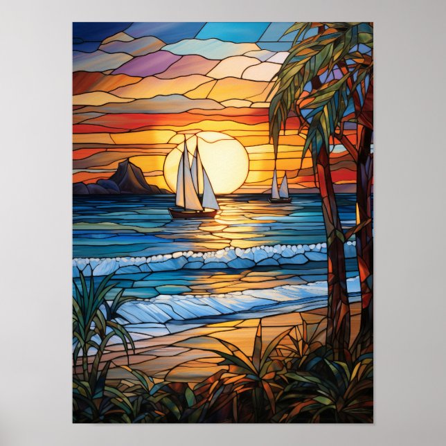 Affiche Coucher de soleil tropical avec voiliers et vagues (Devant)