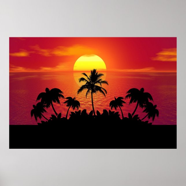 Affiche Coucher de soleil tropical Palmiers Silhouette Pla (Devant)