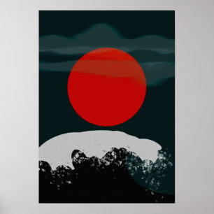 Affiche Coucher de soleil vert foncé avec soleil rouge