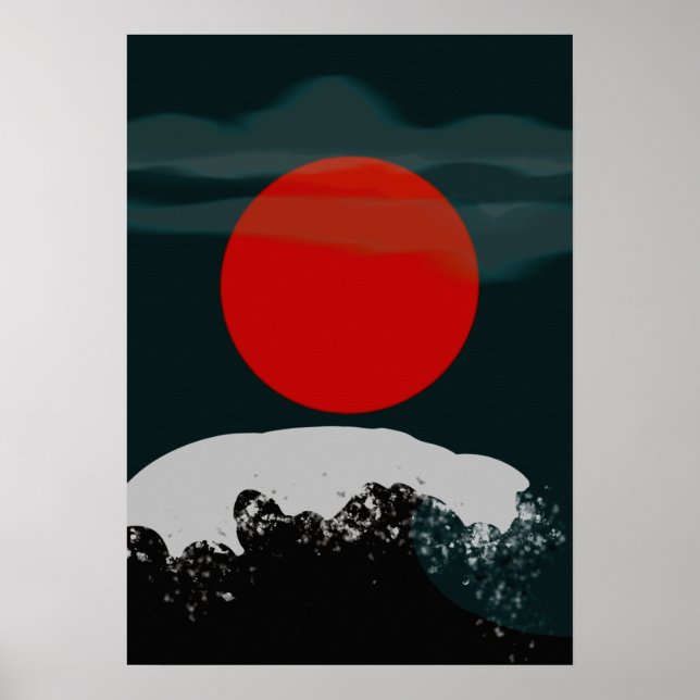 Affiche Coucher de soleil vert foncé avec soleil rouge (Devant)