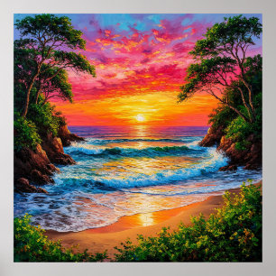 Affiche Coucher de soleil vibrant sur la côte océanique