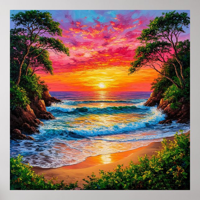 Affiche Coucher de soleil vibrant sur la côte océanique (Devant)