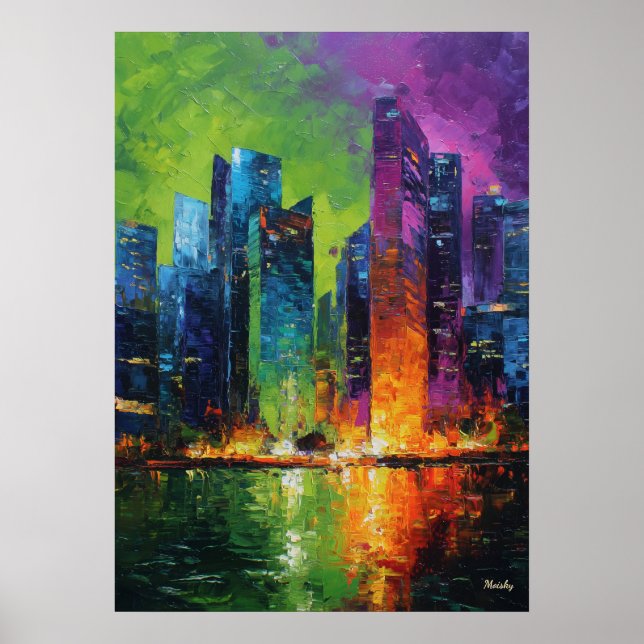 Affiche Coucher de soleil vibrant sur la skyline de Singap (Devant)