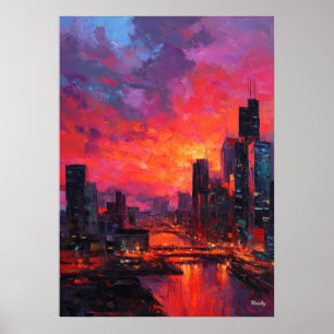 Affiche Coucher de soleil vibrant sur la skyline néo-expre