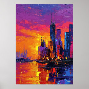 Affiche Coucher de soleil vibrant sur la skyline néo-expre