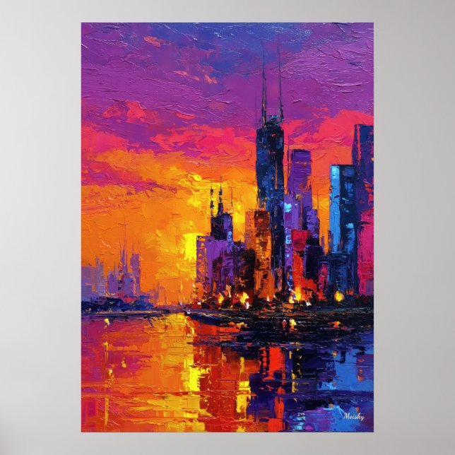 Affiche Coucher de soleil vibrant sur la skyline néo-expre (Devant)