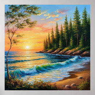 Affiche Coucher de soleil vibrant sur les vagues de l'océa