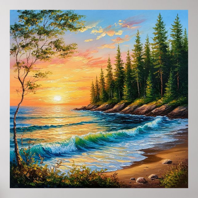 Affiche Coucher de soleil vibrant sur les vagues de l'océa (Devant)