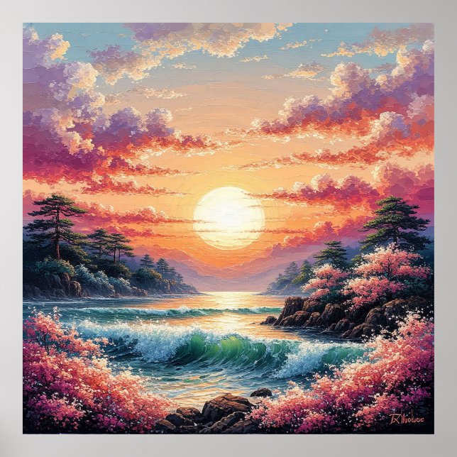 Affiche Coucher de soleil vibrant sur les vagues de l'océa (Devant)