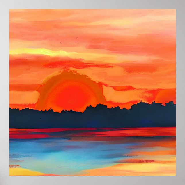 Affiche Coucher de soleil vif sur l'océan dans l'orange vi (Devant)