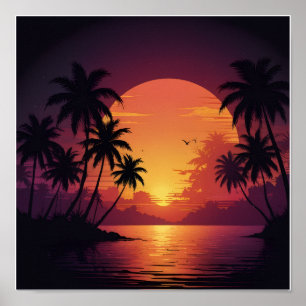 Affiche Coucher de soleil vintage rétro avec palmiers