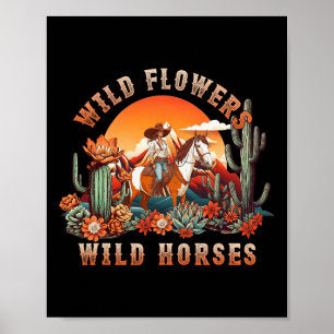 Affiche Coucher du soleil fille équitation Cheval Fleurs s