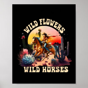 Affiche Coucher du soleil fille équitation Cheval Fleurs s