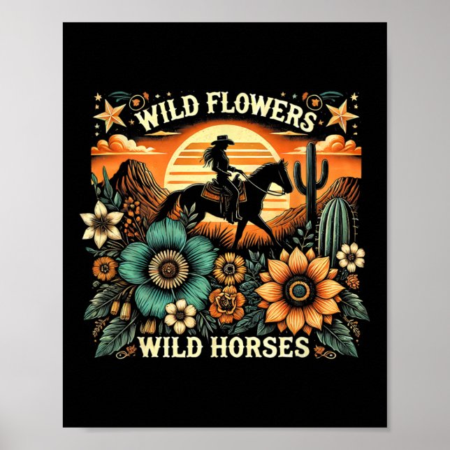 Affiche Coucher du soleil fille équitation Cheval Fleurs s (Devant)