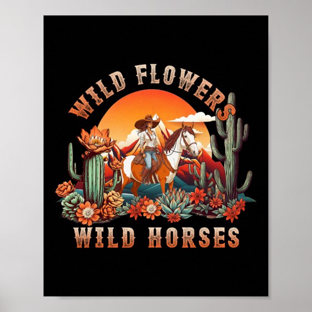 Affiche Coucher du soleil fille équitation Cheval Fleurs s (Devant)
