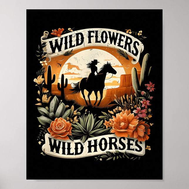 Affiche Coucher du soleil fille équitation Cheval Fleurs s (Devant)