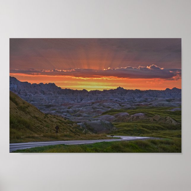 Affiche Coucher du soleil, parc national des Badlands (Devant)