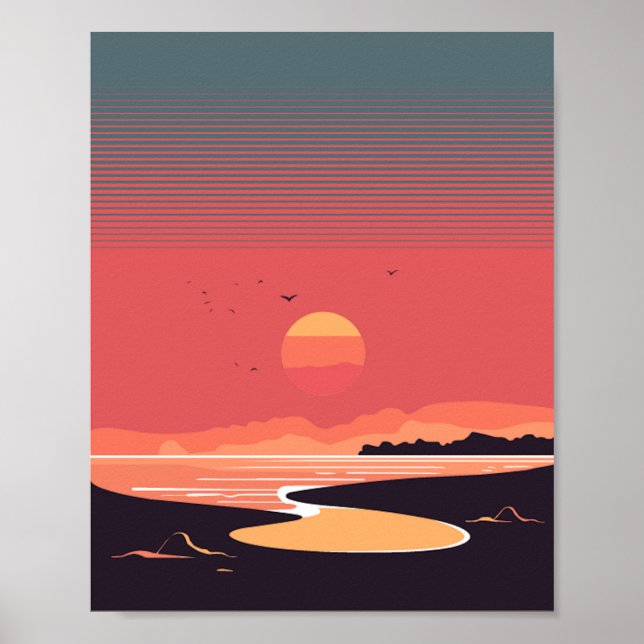 Affiche Coucher le soleil dans le style rétro de la côte (Devant)