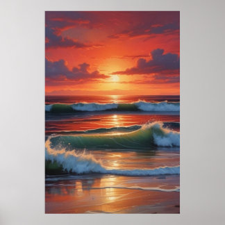 Affiche Coucher Rouge Océan Peinture de paysage marin